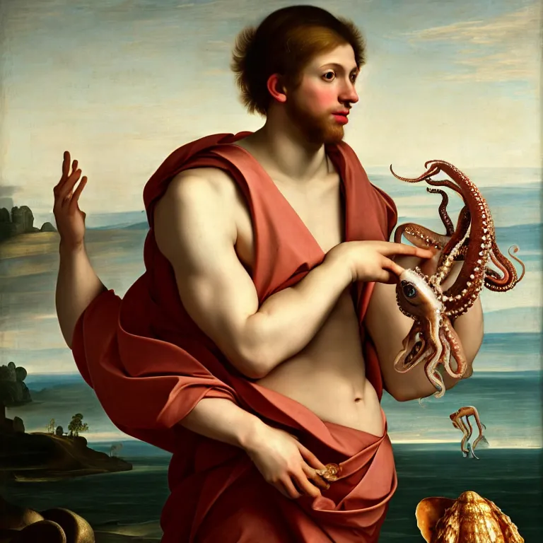 Image similar to young white man standing in a shell, holding a squid, octopus, sea in the background, beautiful baroque portrait painting, beautiful detailed intricate insanely detailed octane render trending on Artstation, 8K artistic photography, photorealistic, chiaroscuro, Raphael, Caravaggio
