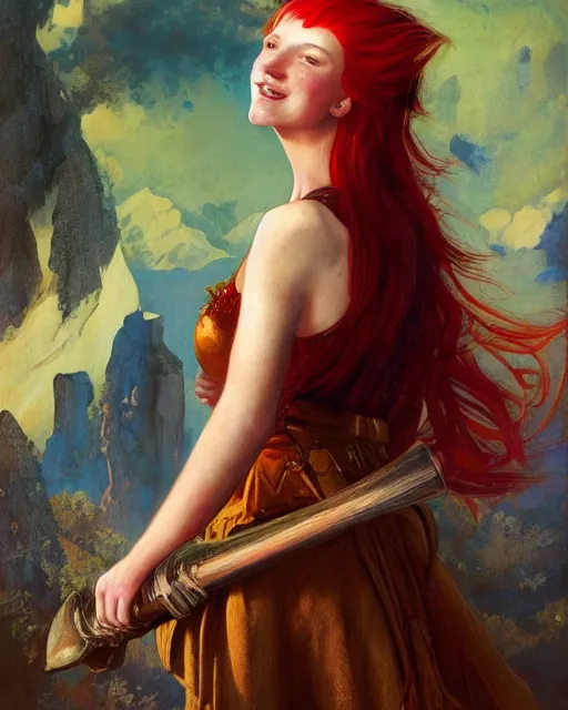 Image similar to fantasy portrait of a happy young women with red hair and freckles, slight smile, renaissance colorful dress, leather armor, music instrument in hand, backlit, made by N.C. Wyeth and Karol Bak, Artstation, 2d digital art, sfw,