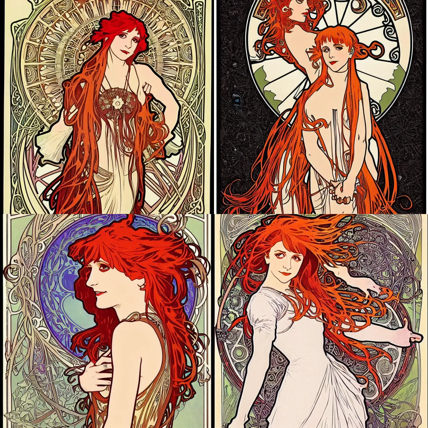 Prompt: Alphonse Mucha, art nouveau, cardstock, pretty female Hayley Williams Paramore, smile, symmetrical, victorian dress, long red hair, full body action pose