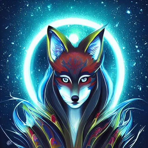 Prompt: a stylized painting for an avatar portrait of an awesome cosmic powerful anthropomorphic kitsune fox mage themed around death and the stars and the cosmos, in the style of dnd beyond avatar portraits, beautiful, artistic, elegant, lens flare, magical, lens flare, nature, realism, stylized, art by jeff easley