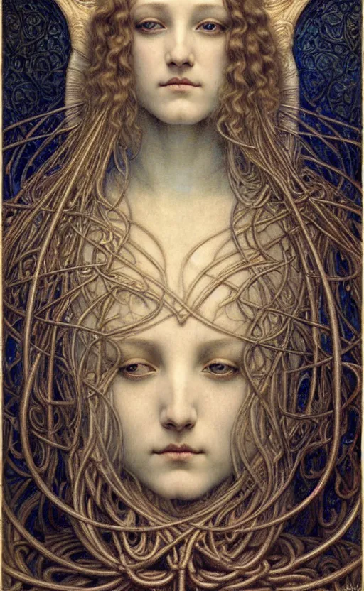 Image similar to detailed realistic beautiful young medieval queen face portrait by jean delville, gustave dore and marco mazzoni, art nouveau, symbolist, visionary, gothic, pre - raphaelite. horizontal symmetry