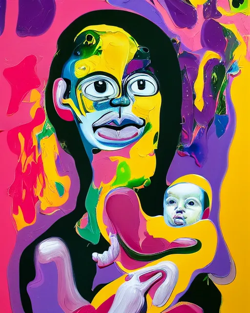 Prompt: woman holding a baby, an ultrafine detailed painting by peter max and francis bacon and fiona rae and maryam hashemi and hernan bas and anna mond and max gubler, featured on deviantart, metaphysical painting, neo expressionism, pop surrealism, melting paint, biomorphic, mixed media, photorealistic, dripping paint, palette knife texture, masterpiece