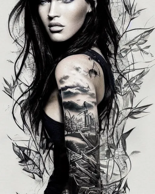 Image similar to double exposure effect tattoo sketch of a megan fox blended with a beautiful mountain scenery, surreal, in the style of matteo pasqualin, amazing detail, sharp
