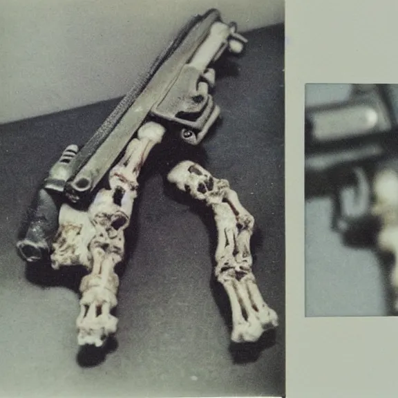 Prompt: gun made of bones, polaroid photo