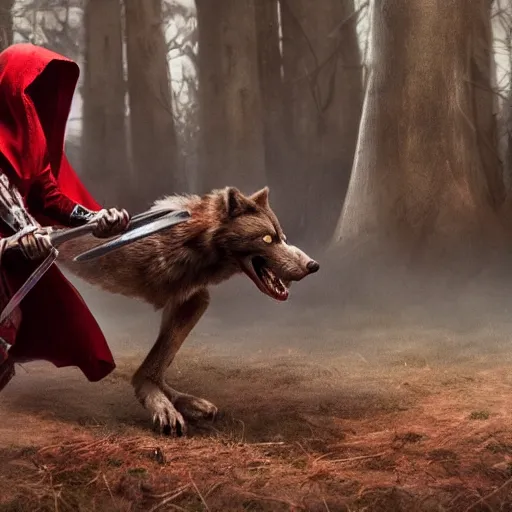 Prompt: red riding hood female warrior fending off a werewolf, highly detailed, dramatic lighting, cinematic, 4k