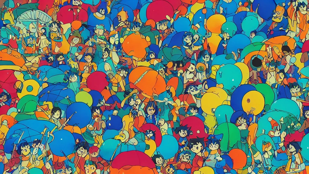 Image similar to party at midnight, bay area, peyote colors, by studio ghibli