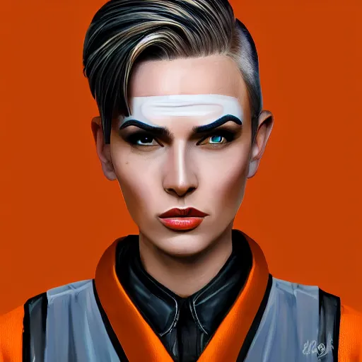 Prompt: character concept art of heroic stoic emotionless butch blond handsome woman engineer with very short slicked - back butch hair, narrow eyes, wearing atompunk jumpsuit, orange safety vest, retrofuture, highly detailed, science fiction, illustration, oil painting, realistic, lifelike, pulp sci fi, cinematic