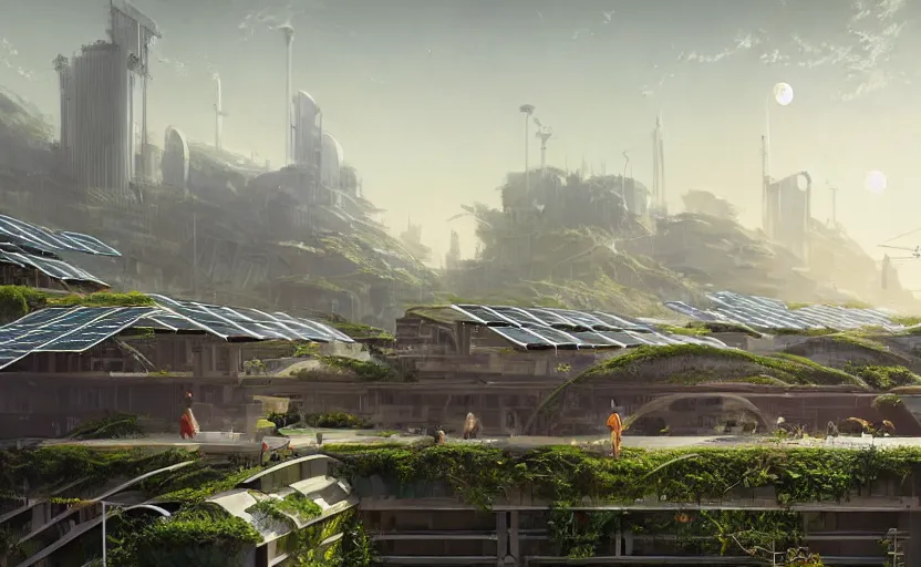 Image similar to solarpunk city with manicured landscaping and walkable pathways, rooftop solar panels, sustainable suburb, highly detailed, digital painting, artstation, concept art, smooth, sharp focus, illustration, art by wlop, mars ravelo and greg rutkowski and frank lloyd wright