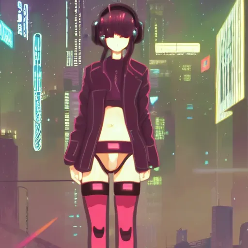 Prompt: cute anime girl with thigh highs in a cyberpunk city, blade runner 2049 inspired