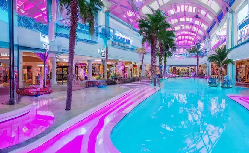 Image similar to an indoor mall with palm trees and pools, pink and blue lighting, everything floats in space