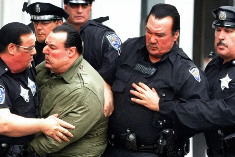 Image similar to sad steven seagal being taken into custody, realistic, detailed