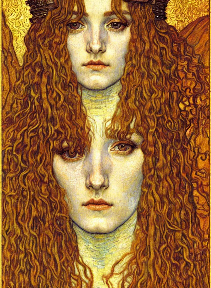 Image similar to detailed realistic beautiful young medieval queen face portrait by jean delville, gustav klimt and vincent van gogh, art nouveau, symbolist, visionary, gothic, pre - raphaelite, muted earthy colors, desaturated