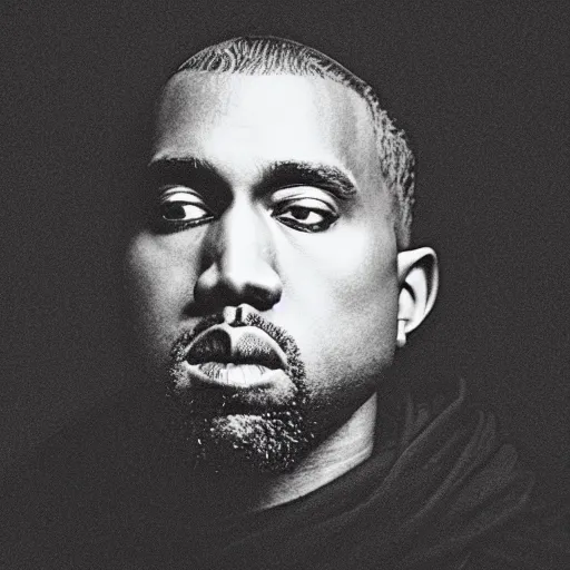 Image similar to a chiaroscuro lighting portrait of kanye west dressed as rick owens, black background, portrait by julia margaret cameron, shallow depth of field, 8 0 mm, f 1. 8