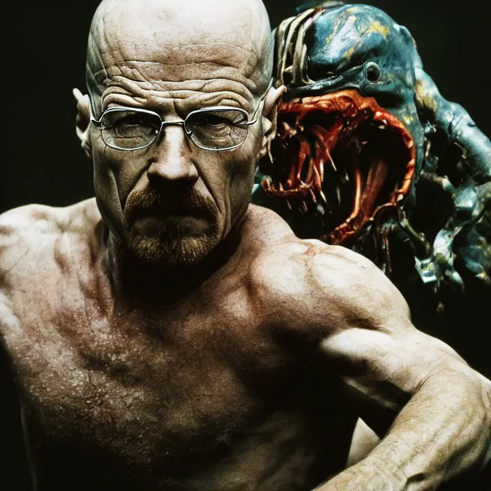 Prompt: portrait of Walter White fighting Predator from the movie Predator, by Charlotte Grimm, natural light, detailed face, CANON Eos C300, ƒ1.8, 35mm, 8K, medium-format print