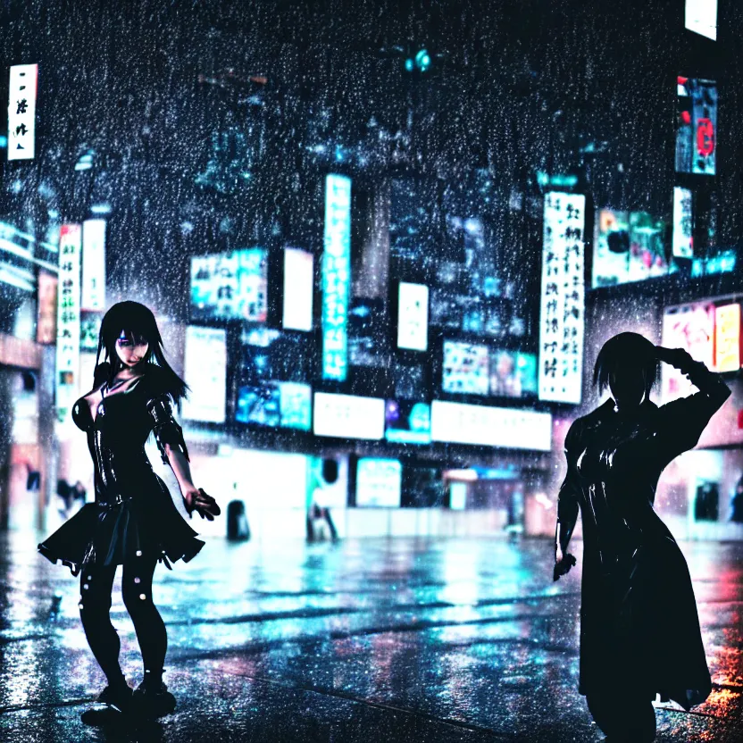 Image similar to a photo close up cyberpunk woman dancing in the rain, cyberpunk hiroshima, prefecture streets, midnight, photorealistic, cinematic lighting, highly detailed, bokeh, style by tomino - sama