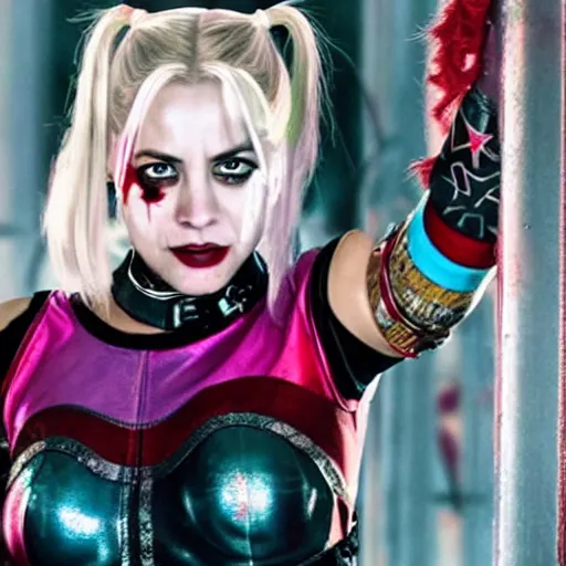Prompt: A still of Kaley Cuoco as Harley Quinn in The Suicide Squad (2021)