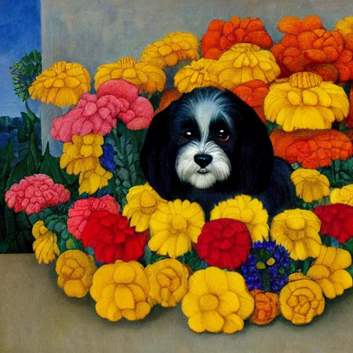 Prompt: portrait of a havanese dog with marigolds by diego rivera 1 9 3 5