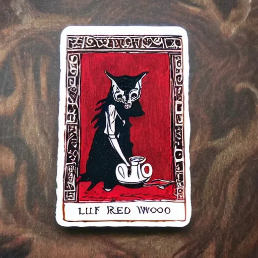 Prompt: haunted fairytale, skeletal little red riding hood having tea with the demon wolf, lupus moon, woodblock detailed dramatic tarot