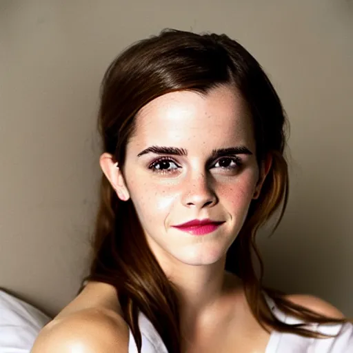 Image similar to emma watson waiting for you in bed at night while smiling shyly, messy hair bedhead, very sleepy and shy, bare shoulders, comforting, covered in little white blanket, dim cool lighting