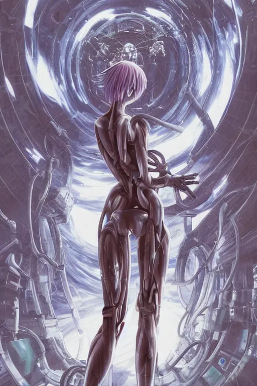 Image similar to female anime character rei ayanami cyborg in the center giygas epcotinside a space station eye of providence beksinski finnian vivid hr giger to eye hellscape mind character environmental