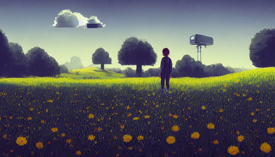 Prompt: big black hexagon in the sky, no clouds, field with grass and flowers, big tree, person, matte painting, art station, blue sky, simon stalenhag