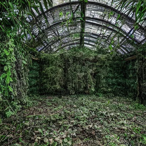 Prompt: abandoned, overgrown, bomb shelter jungle room with trees.