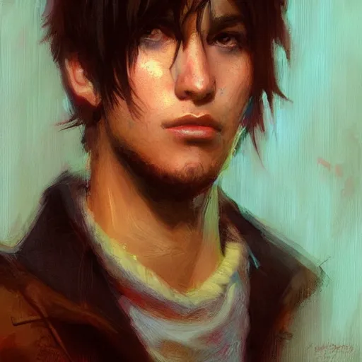 Image similar to A handsome, cute emo guy, close-up painting by Gaston Bussiere, Craig Mullins, trending on artstation, artstationHD, artstationHQ, artstation digital artwork