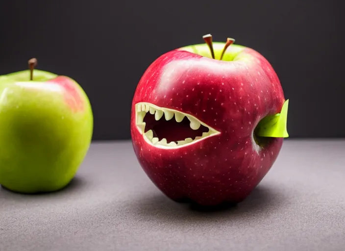 Image similar to photo still of an apple with human teeth, 8 k, studio lighting bright ambient lighting key light, 8 5 mm f 1. 8