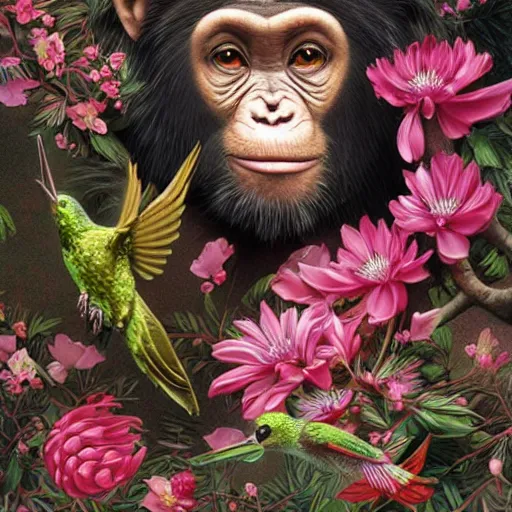 Prompt: beautiful young female chimpanzee surrounded by hummingbirds and fine floral ornaments, eye - level medium - angle shot, intricate, floral background, by esao andrews, by m. w. kaluta, by yoshita amano, intricate, symmetrical, natural lighting, smooth, 3 d octane render, depth perception, 4 k,, artstation