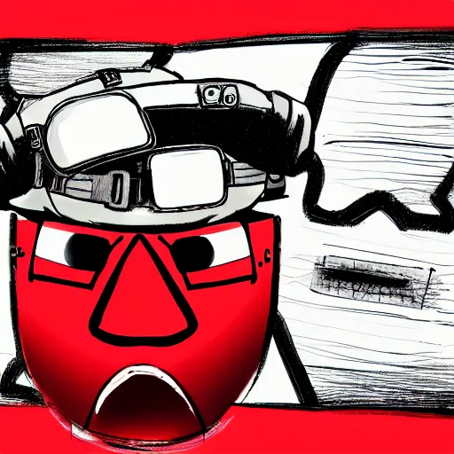 Image similar to A man in tactical gear and a red mask with a grin drawn onto it, cartoon