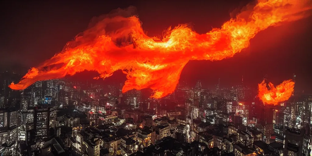 Image similar to a Chinese Fire Dragon surrounded by smoke and fire high above a city at night