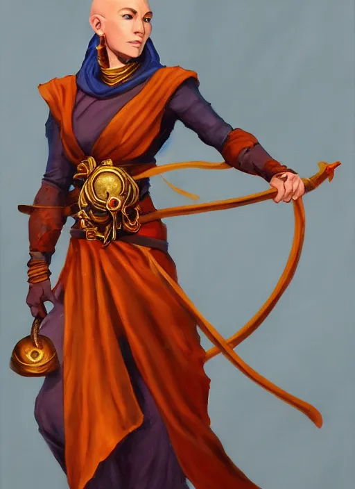Prompt: a mighty female d & d tiefling monk painted by raymond swamland, award winning