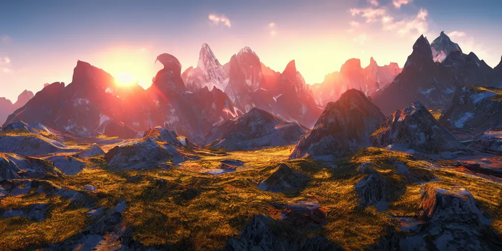 Image similar to a beautiful landscape, sun rises between two mountains, colourful 3 d artwork by phillipp urlich, unreal engine 5, extremely detailed, hyper realism