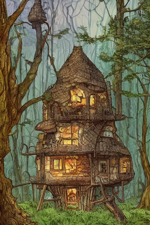 Prompt: a storybook style ramshackle multistory fairytale hut in the forest by Arthur Adams