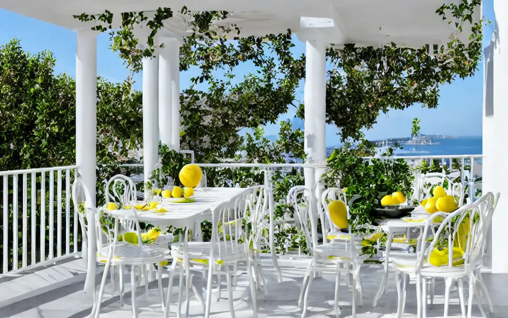 Prompt: a white terrace with imperial railing, white table and chairs, a lemon tree and photo realistic sea view