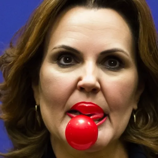Image similar to gretchen whitmer with a red gag ball in a mug shot