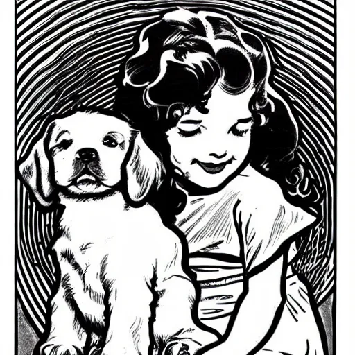 Image similar to clean simple line art of a little girl with wavy curly hair sitting next to a cute puppy. white background. well composed, clean black and white line drawing, beautiful detailed face. illustration by steve ditko and jack kirby and alphonse mucha