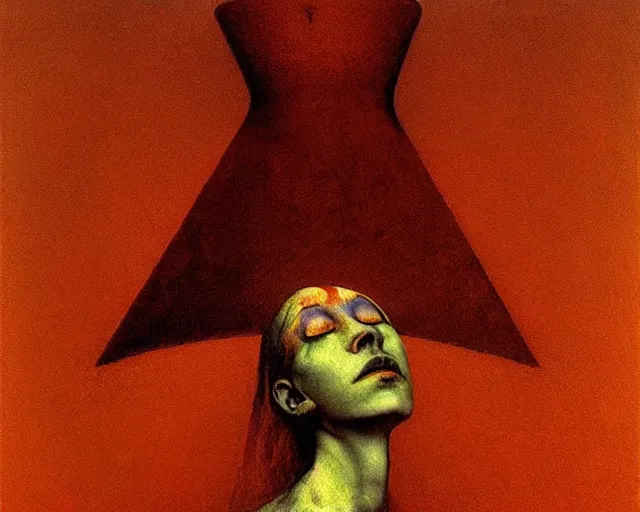 Image similar to by francis bacon, beksinski, mystical redscale photography evocative. devotion to the scarlet!!! woman!!!, priestess in a conical!!! hat, coronation, ritual, sacrament