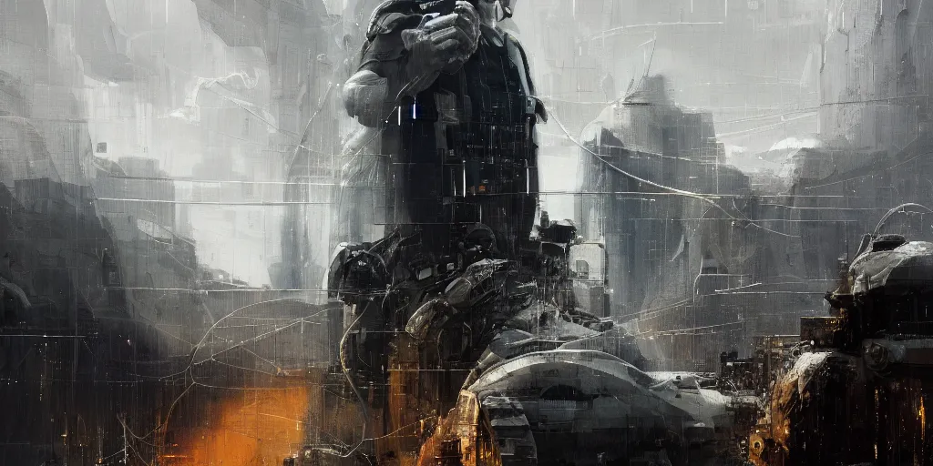 Image similar to portrait of a fat man sci fi soldier ranger, brutalist city architecture, dark epic, white and gold, cables and wires, high details, ceremonial clouds, dripping paint, fibonacci rhythm, artstation, art germ, wlop, pablo dominguez, sabbas apterus, award - winning, artstation