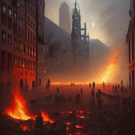 Prompt: city of munich destroyed by a meteor!!!, rubble!!, fires!!, jewish bankers running away in panic!!!, hyperrealistic, highly detailed, cinematic, foggy light from fires, beautiful, cgssociety, artstation, 8 k, oil painting by greg rutkowski, by artgerm, by wlop