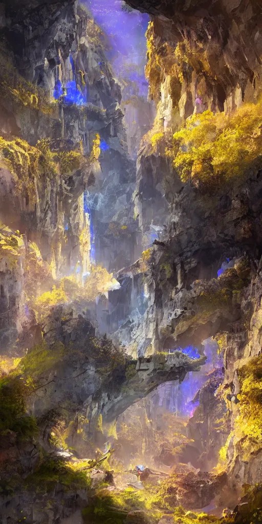 Image similar to Gorge in the mountain, white stone temple ruins, night dramatic lighting, blue, yellow and purple tones, wide camera angle, matte painting, trending on ArtStation, concept art, delightful surroundings, high detail, sharp contrast, picturesque
