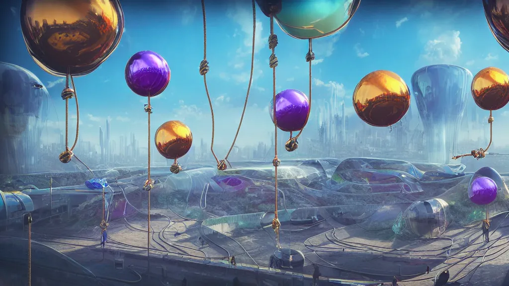 Image similar to large colorful futuristic space age metallic steampunk balloons with pipework and electrical wiring around the outside, and people on rope swings underneath, flying high over the beautiful futuristic city landscape, professional photography, 8 0 mm telephoto lens, realistic, detailed, digital art, unreal engine