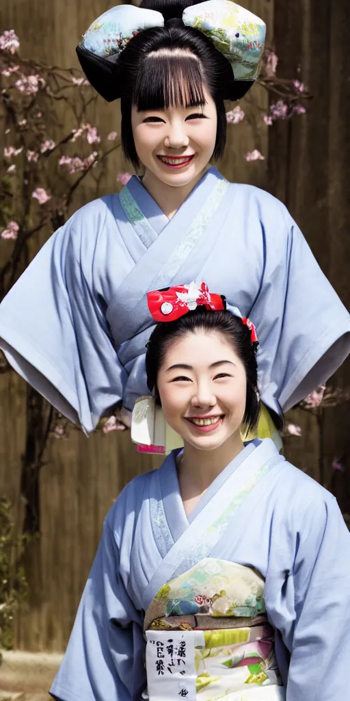 Image similar to A photo of young Japanese geisha smiling at camera and wearing T-shirt