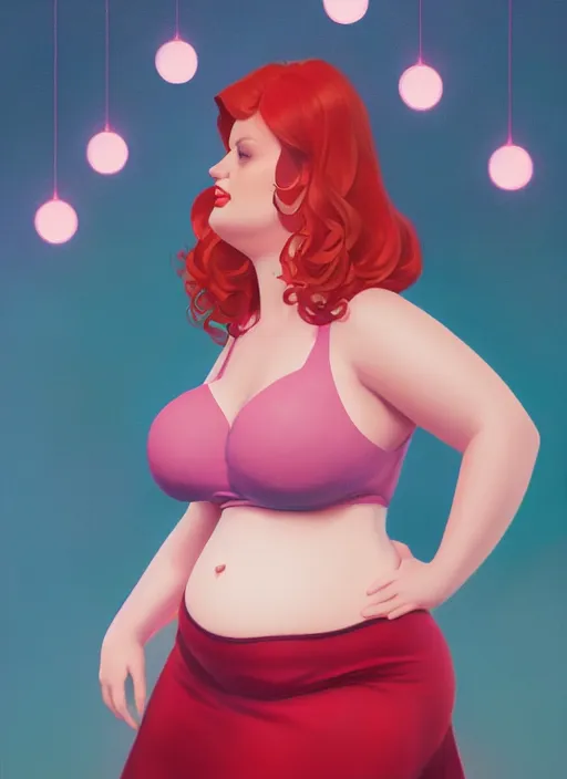 Image similar to full body portrait of teenage cheryl blossom, obese, bangs, sultry, realistic, red hair, sultry smirk, wavy hair, pink skirt, fat, belly, intricate, elegant, glowing lights, highly detailed, digital painting, artstation, concept art, smooth, sharp focus, illustration, art by wlop, mars ravelo and greg rutkowski