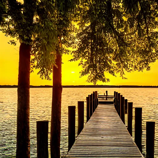 Image similar to a small dock on a quiet green lake, sunset, golden hour, beautiful lighting, peaceful, trees, high quality, high resolution