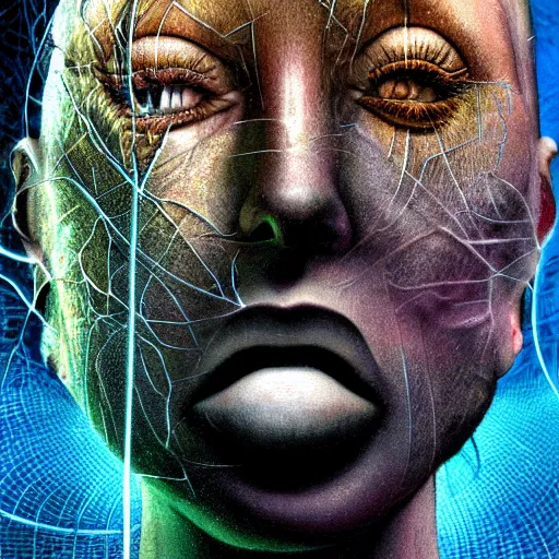Image similar to full face close up portrait, sandman's visions of chaos in a cybernetic dreamscape, by peter woodroffe, by igor morski, by laurie lipton, in a jungle, cinematic lighting, volumetric lighting, neosurrealism, realistic shadows, particle effects, rendered in octane, noir, electric, cosmic, dream