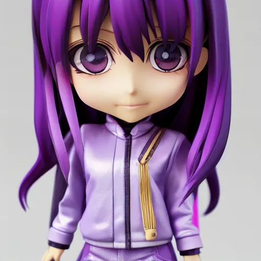 Image similar to portrait of a anime and chibi very cute doll with purple jacket design by antonio mello, nendoroid, kawaii, cyberpunk fashion, character modeling, toy design, substance 3 d painter, vray, soft vinyl, trending in artstation