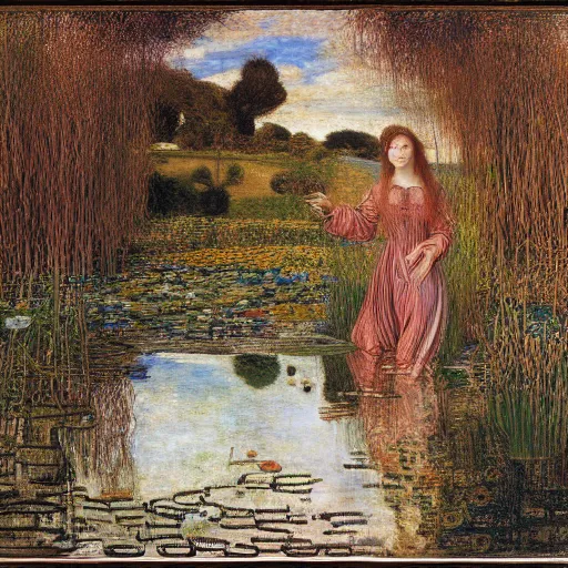 Image similar to ophelia under the river amongst the reeds, leonardo devinci, botticelli,, rosetti and monet, william holman hunt, 8 k