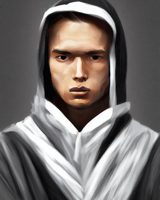 Image similar to digital art portrait of a young man in dark robes, hooded, made by WLOP, WLOP