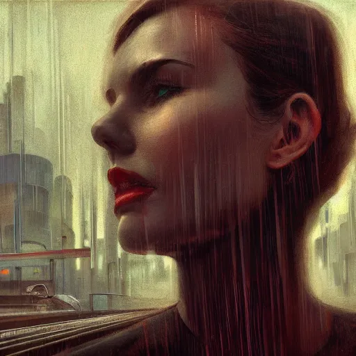 Image similar to detailed face of a woman, moment, cyberpunk cloisters, electronic billboards, tech noir, wet reflections, atmospheric, ambient, pj crook, livia prima, greg rutkowski, edward hopper